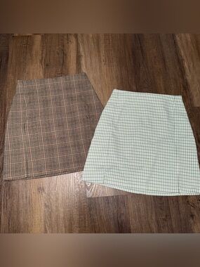 John Galt California Classic Plaid Mini Skirts - Brown Plaid & Light Green Plaid